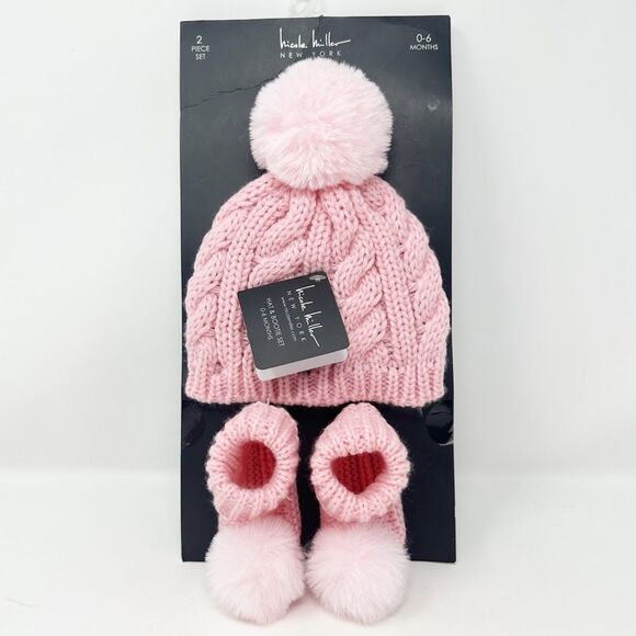 Nicole Miller Other - NICOLE‎ MILLER PINK INFANT CROCHET HAT & BOOTIE POM POM SET 0-6 MONTHS